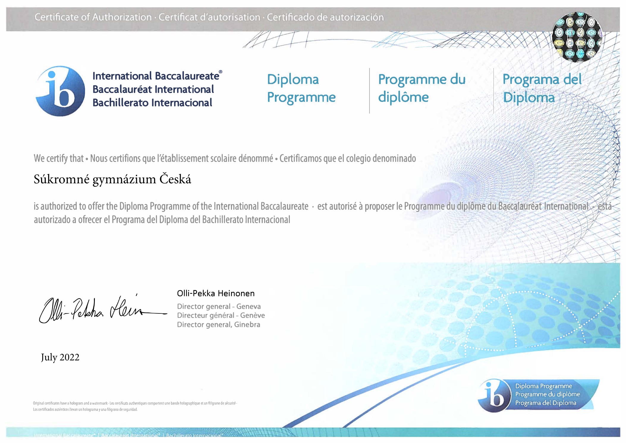 Certifikát: Autorizovaná IB World School