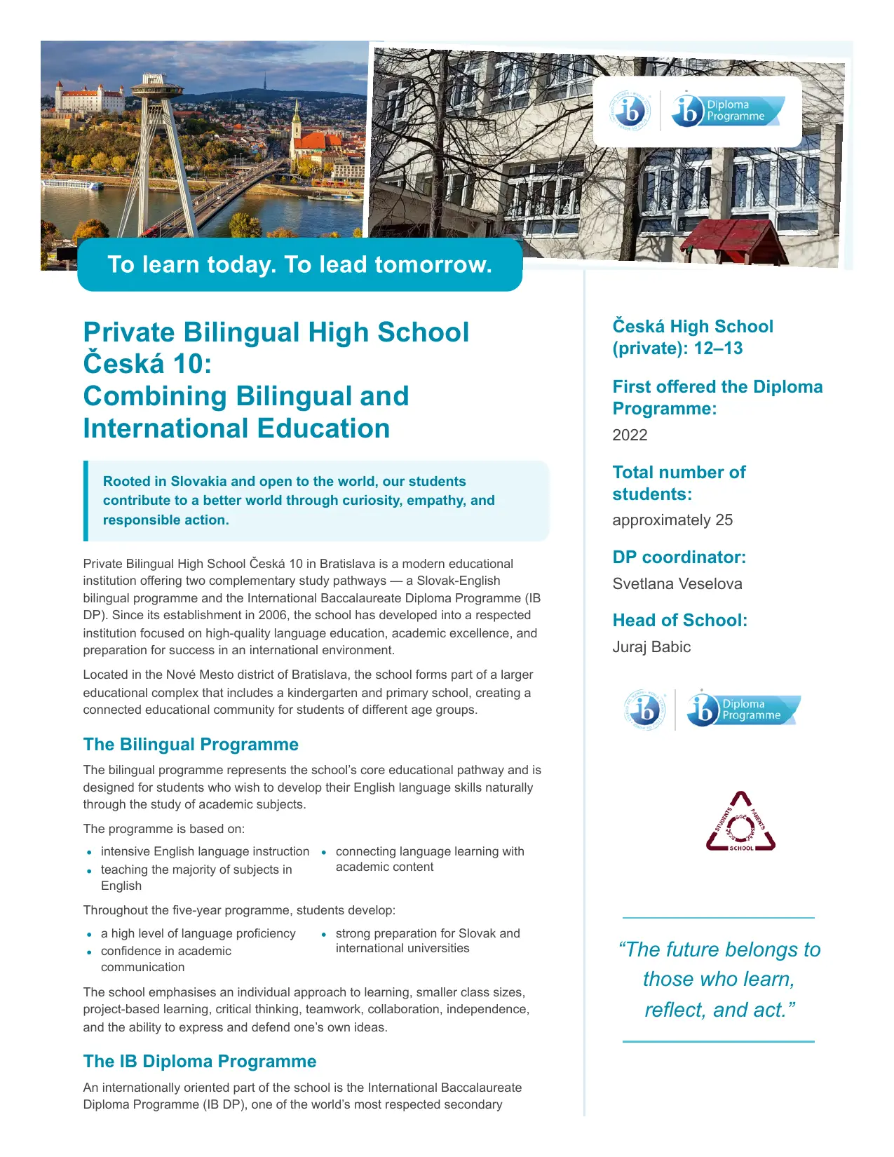 Prospectus page 1: introduction to Private Bilingual High School Česká 10, the bilingual programme, and key facts about the Diploma Programme