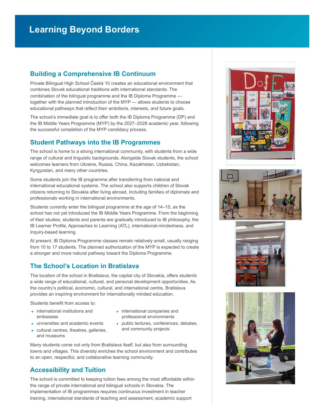 Prospectus page 3: building an IB continuum, student pathways into the IB programmes, and the school's location in Bratislava