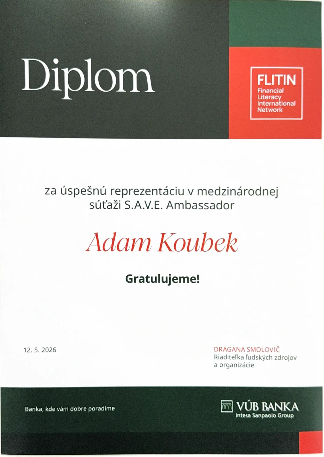 Diploma awarded to Adam Koubek for the S.A.V.E. Ambassador competition